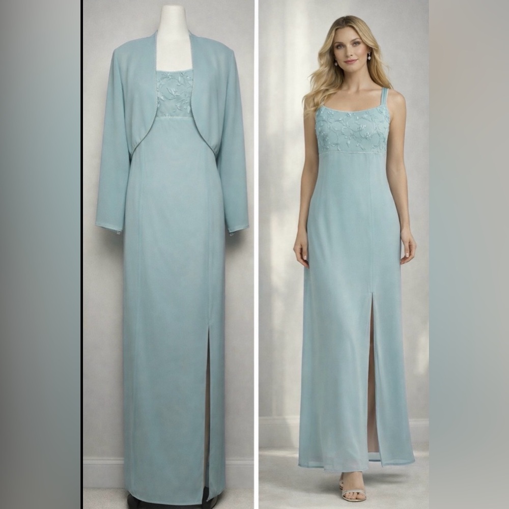 After Dark 12P Pastel Blue Beaded Chiffon Gown & Jacket Set